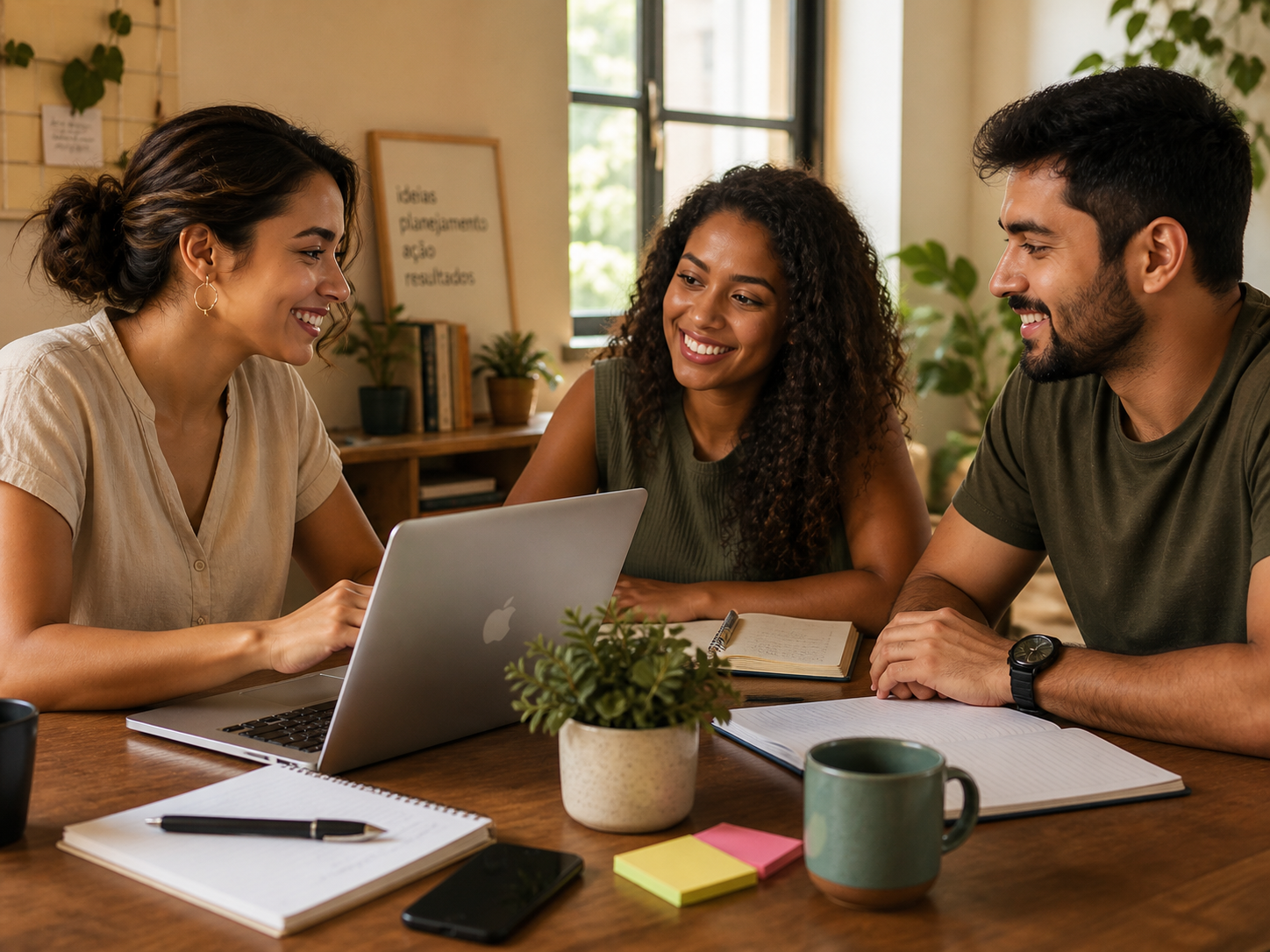 Três pessoas em reunião de trabalho com notebook, cadernos e materiais de planejamento em ambiente iluminado