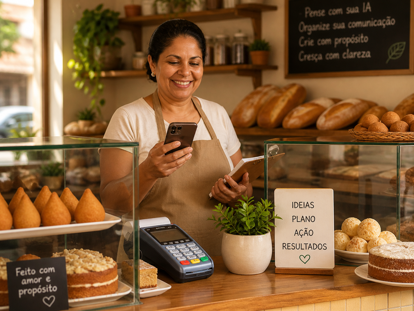 Empreendedora em padaria usando celular atrás do balcão, com vitrine de salgados, bolos, pães e maquininha de cartão