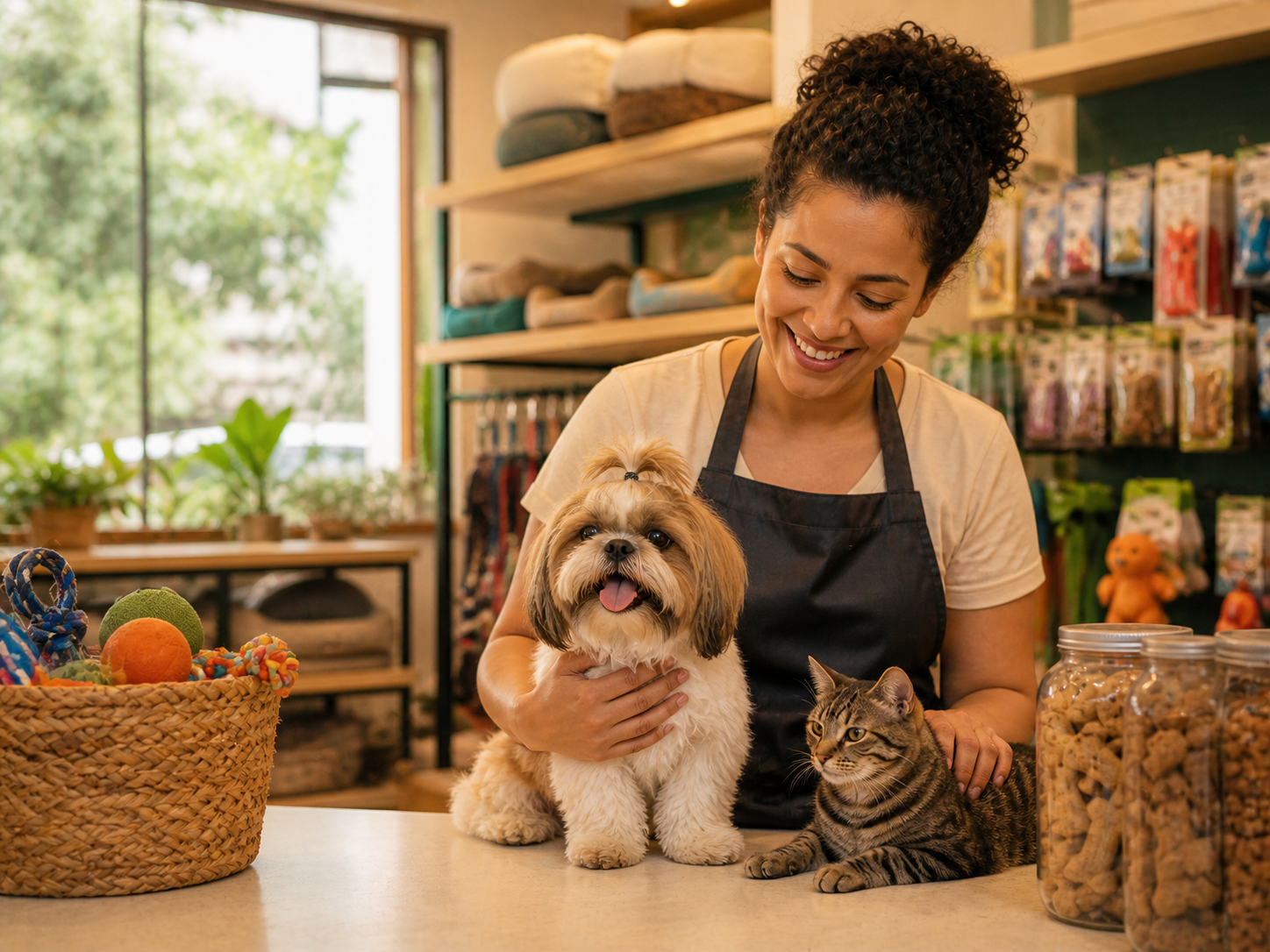 Profissional em pet shop sorrindo atrás do balcão, com cachorro e gato próximos, prateleiras de produtos pet e ambiente acolhedor