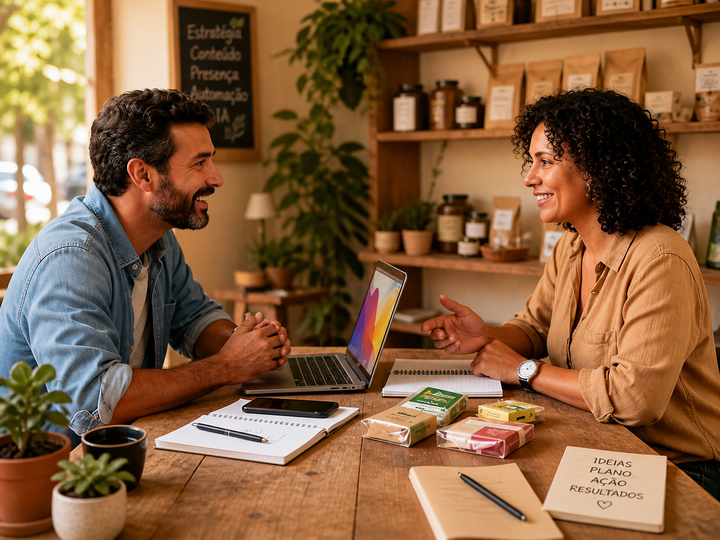 Duas pessoas conversando em mesa de trabalho com notebook, caderno, celular e materiais de um pequeno negócio
